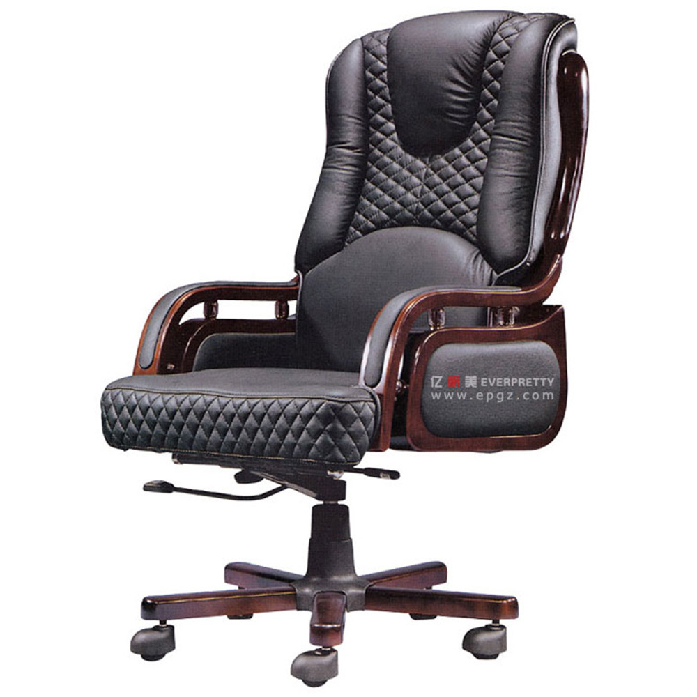 Comfortable Genuine Leather Ergonomics Design Executive Office Chair with Solid Wood Armrest for Manager or Boss