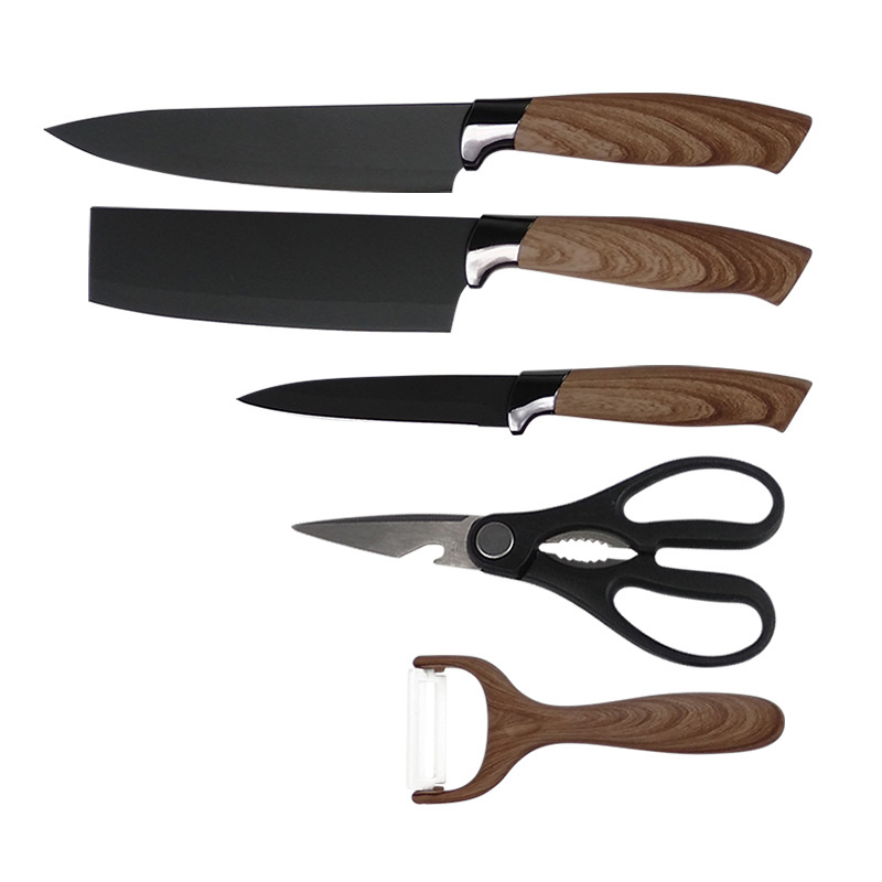 High Quality Gift Box Black Diamond Blade 5pcs Stainless Steel Kitchen Knife Sets With Classic Wood Grain Handle