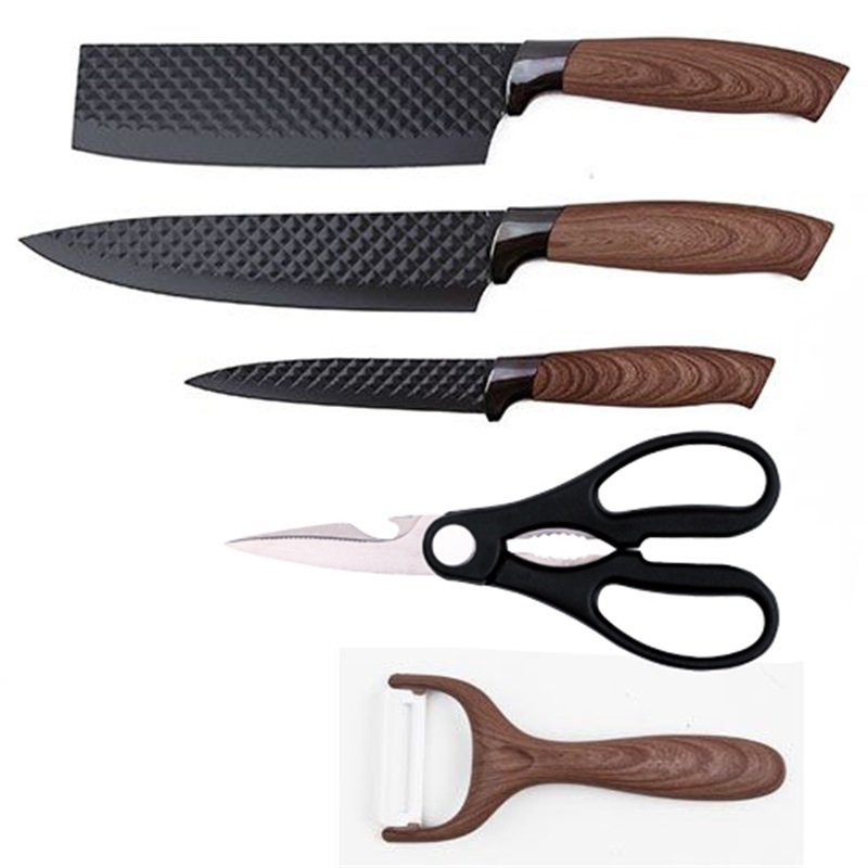 High Quality Gift Box Black Diamond Blade 5pcs Stainless Steel Kitchen Knife Sets With Classic Wood Grain Handle