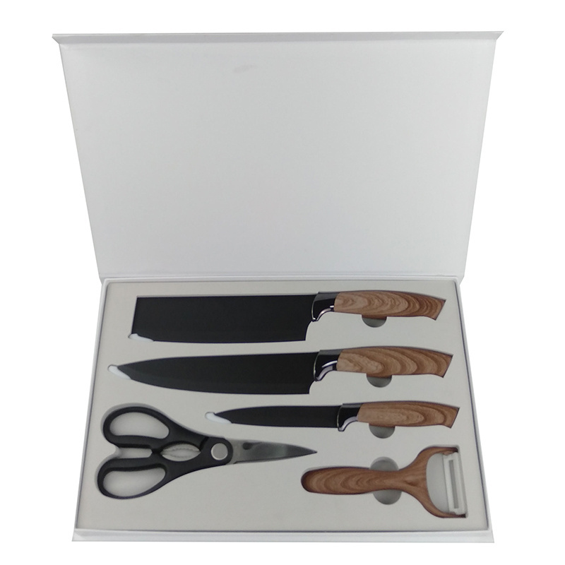 High Quality Gift Box Black Diamond Blade 5pcs Stainless Steel Kitchen Knife Sets With Classic Wood Grain Handle