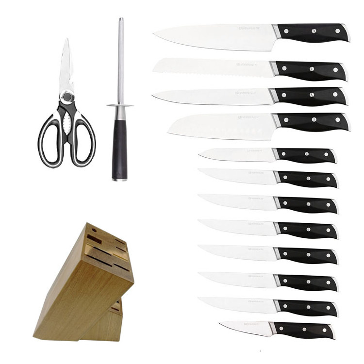 Kitchen Forged Handle Stainless Steel Knife Set With Block And Sharpener