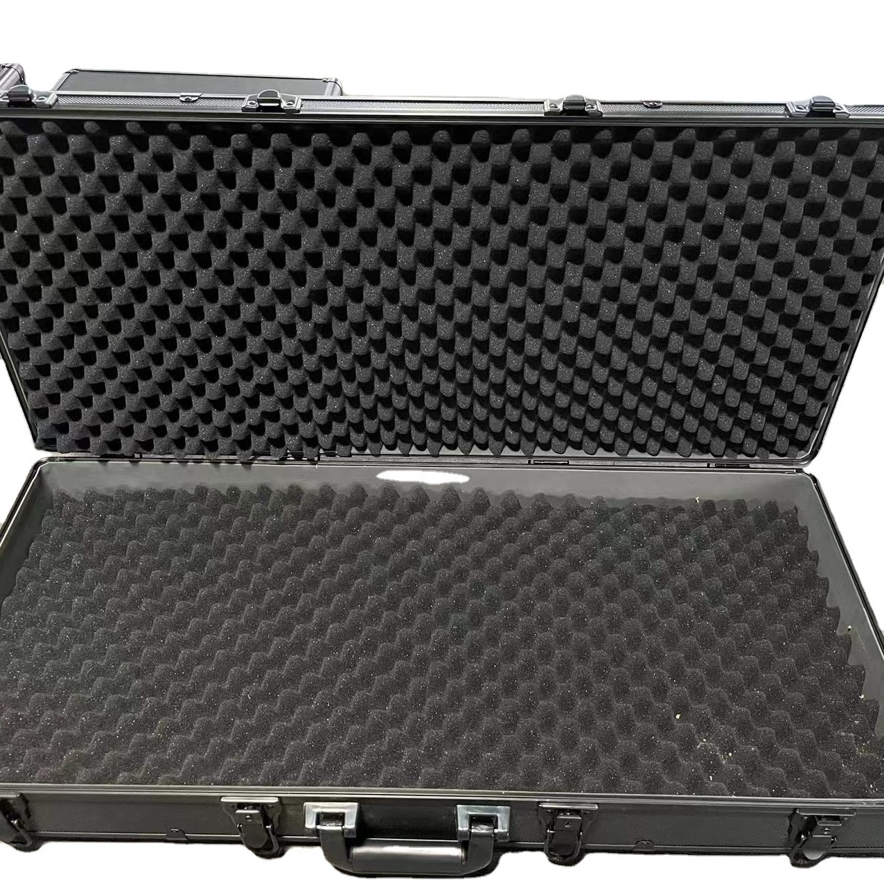 Long deluxe black or silver aluminum carry case with egg shell foam