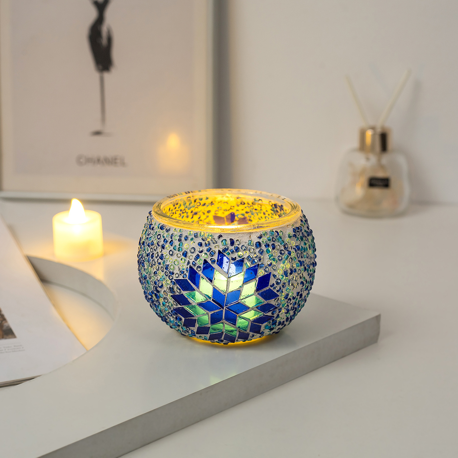 Marrakech  Handmade Custom Turkish Glass Mosaic DIY Candle Holder for Home Decoration