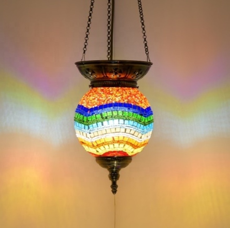 Marrakech Turkish Moroccan Handmade Mosaic Glass Colorful Boho Ceiling Pendant Hanging Lamp Light Chandelier