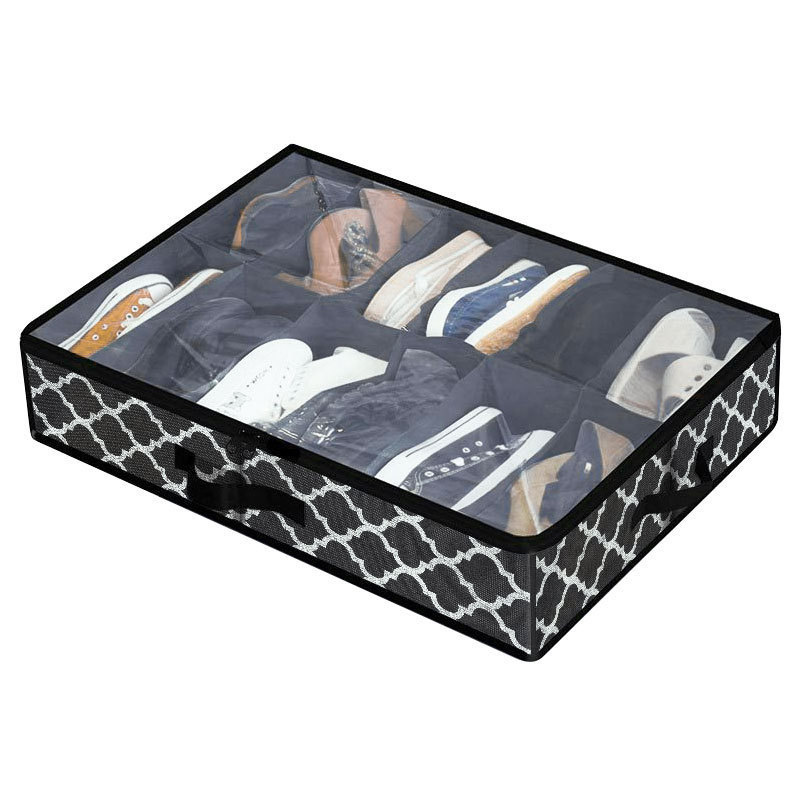 Non-woven Fabrics Foldable 12 Pairs Shoes Organizer Under Bed Storage with Clear Window and Handle Collapsible Cube Storage Bins