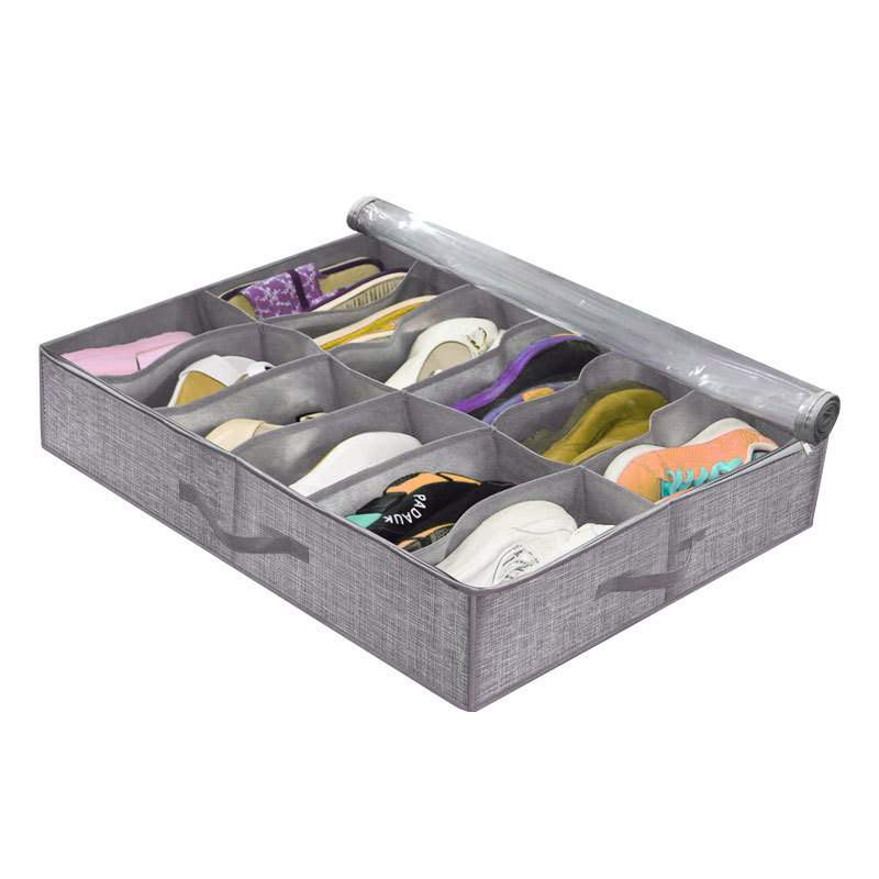 Non-woven Fabrics Foldable 12 Pairs Shoes Organizer Under Bed Storage with Clear Window and Handle Collapsible Cube Storage Bins