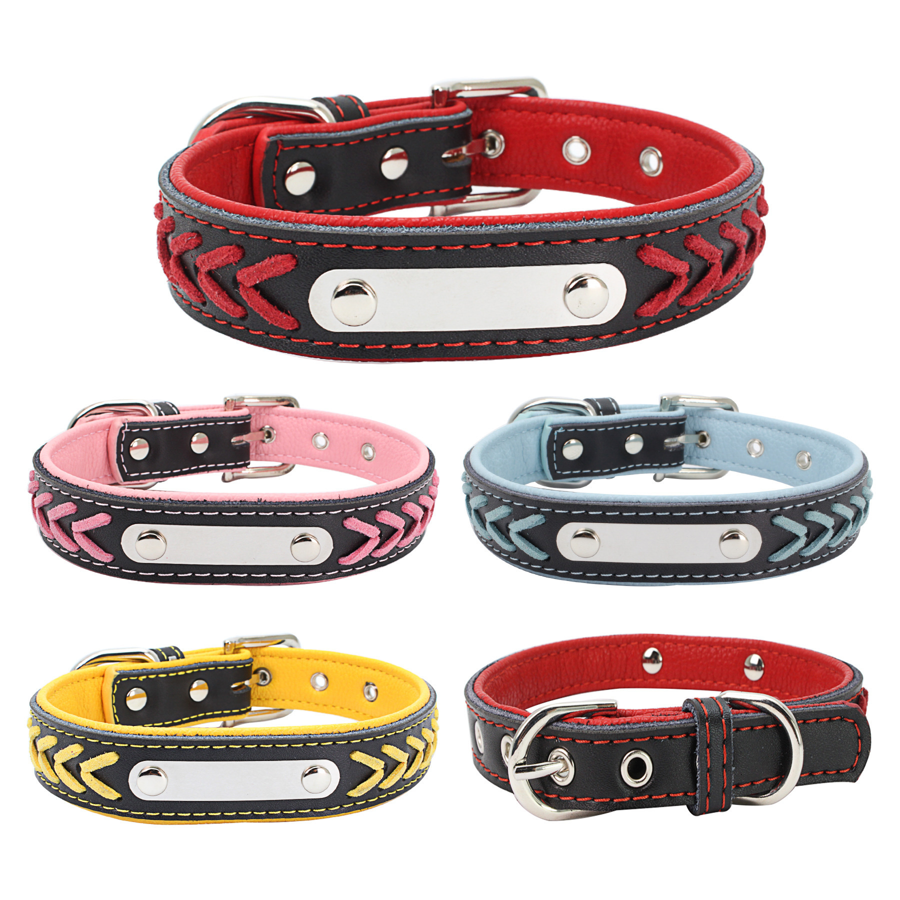 Personalized Custom DIY PU Braided Collar with Stainless Steel Name Plate Dog Collar Leather