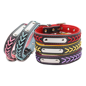 Personalized Custom DIY PU Braided Collar with Stainless Steel Name Plate Dog Collar Leather