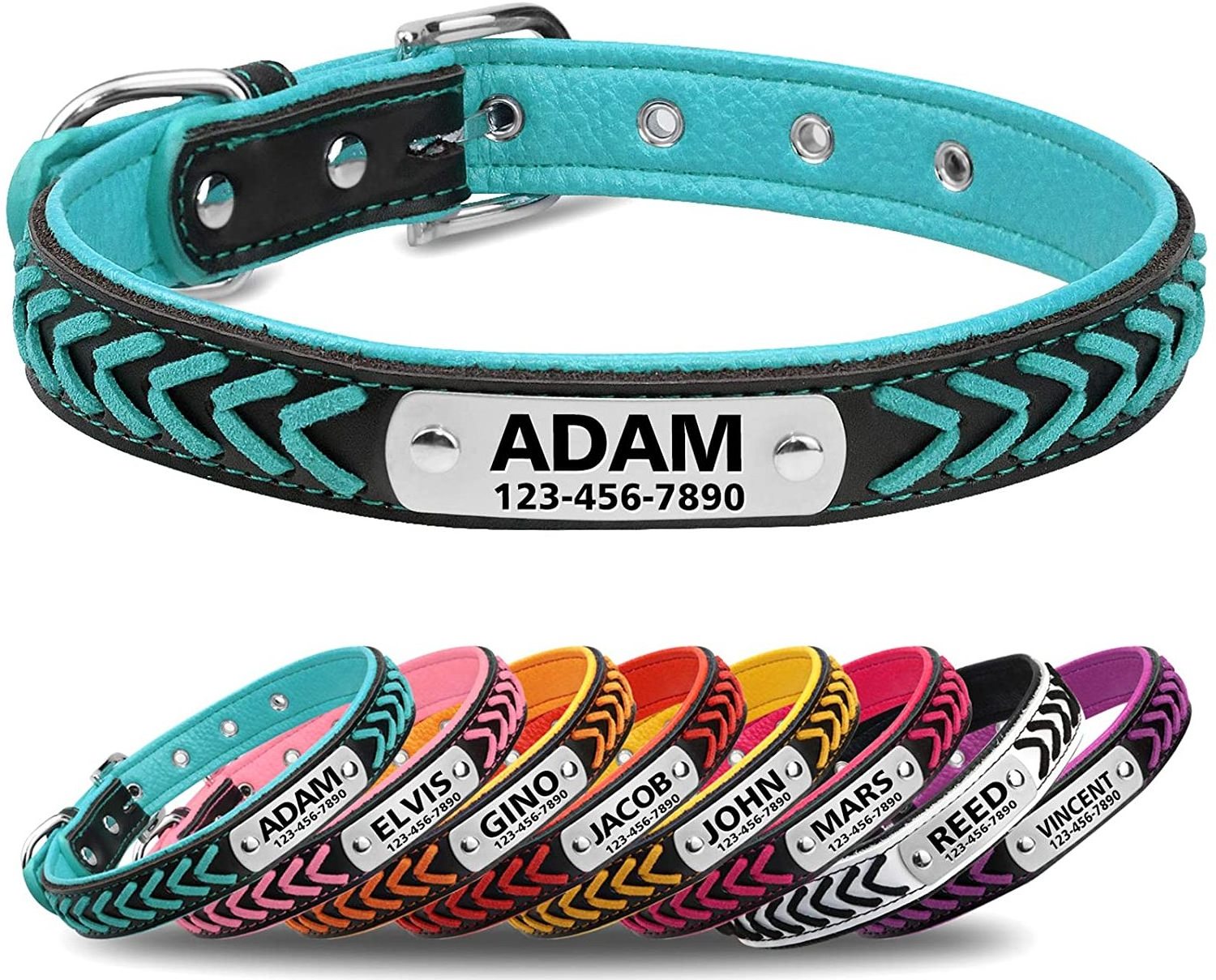 Personalized Custom DIY PU Braided Collar with Stainless Steel Name Plate Dog Collar Leather