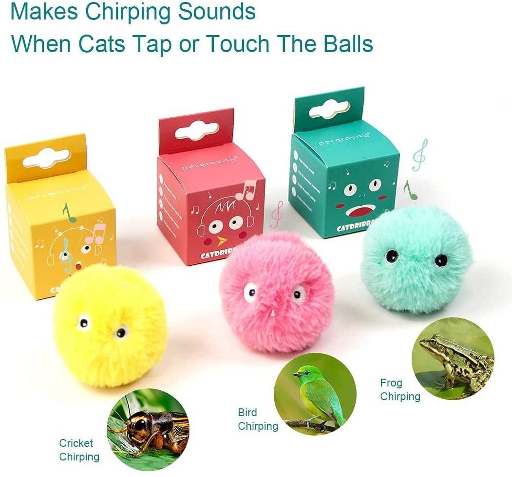 Lifelike Animal Sounds 3 Pack Fluffy Plush Cat Balls Chirping Toy Catnip Balls Pet Playing Ball Pet Squeaky Cat Plush Toy