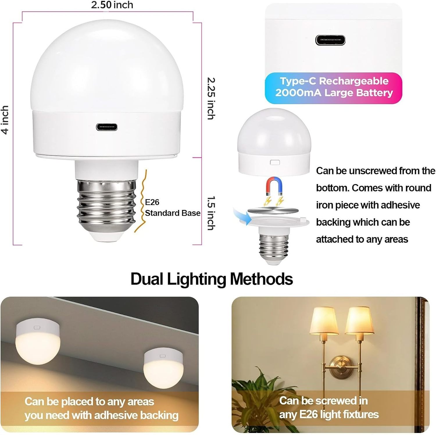 led light E27 E26 Holder Bulb Lamp Bombillos Rechargeable Emergency Battery Operated Light Bulb For Non-Hardwired