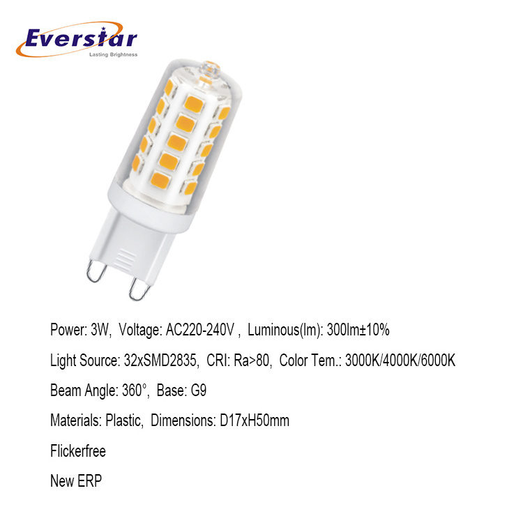 Everstar New ERP G9 Flicker Free PC 3W 300lm G9 Lampholder dimmable g9 led bulb