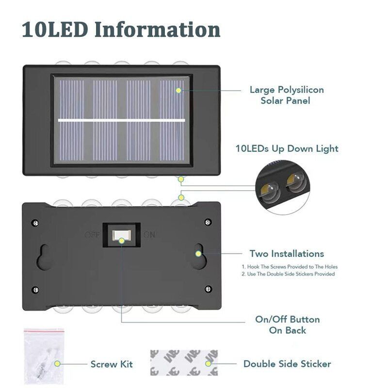 UP and Down 6/8/10/12/16 LED IP65 Panel Lamparas Lampione Solar Wall Led Solar Lights Outdoor Garden Light