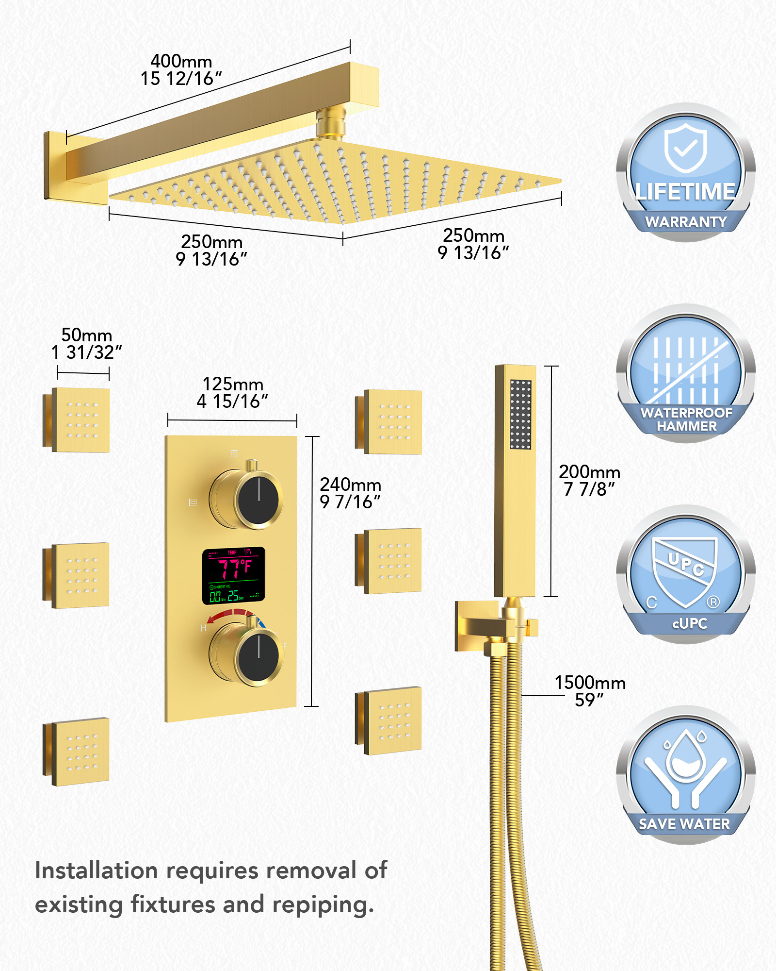 EVERSTEIN USA Warehouse Delivery Bathroom European Brass Rainfall Shower Set System Mixer Wall Mount Ceiling Shower Set