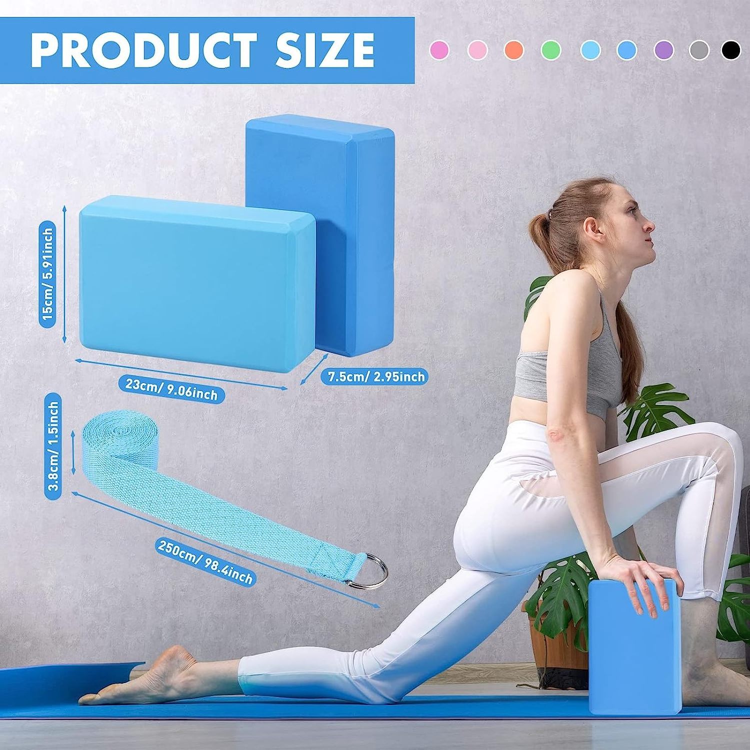 Yoga Blocks EVA Foam Non Slip Yoga Bricks 9x6x3 Inch with 8 ft Metal D Ring Straps for Yoga Stretching Pilates