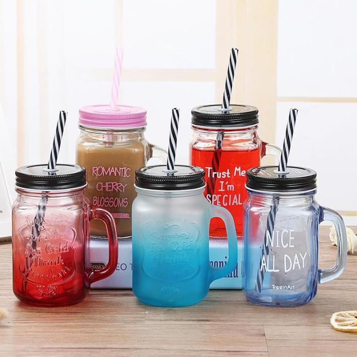 Hot Selling 480ml glass juice mason jar  with tin lid and straw clear dispenser glass bottle with emboss logo and handle