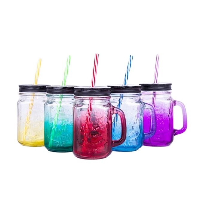 Hot Selling 480ml glass juice mason jar  with tin lid and straw clear dispenser glass bottle with emboss logo and handle