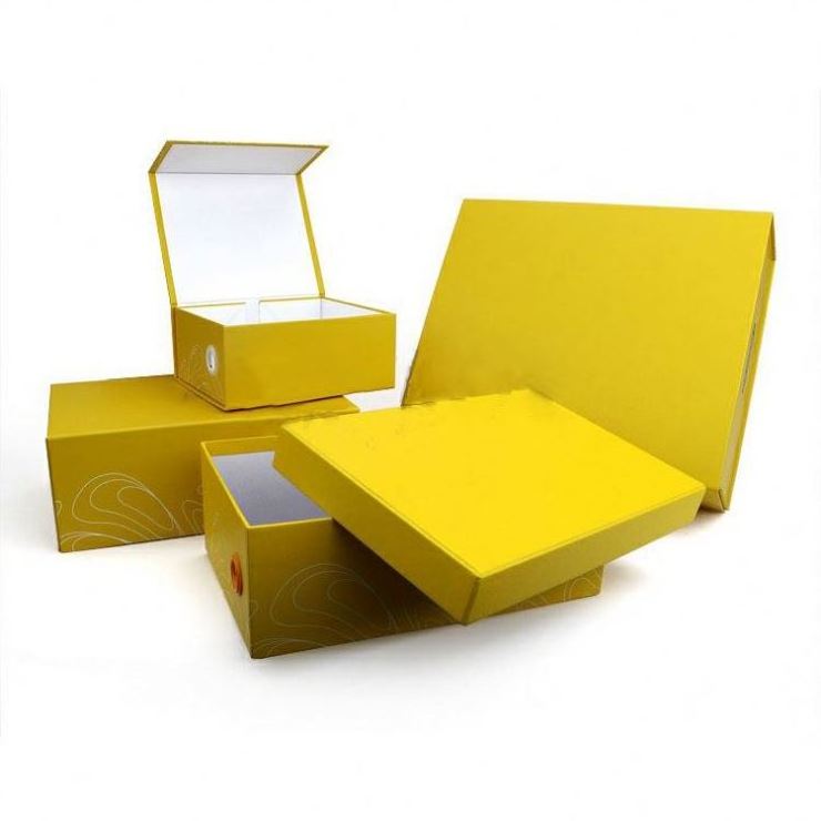 Custom Cardboard Yellow Empty Shoes Packaging Magnetic Gift Box With Ribbon Closures