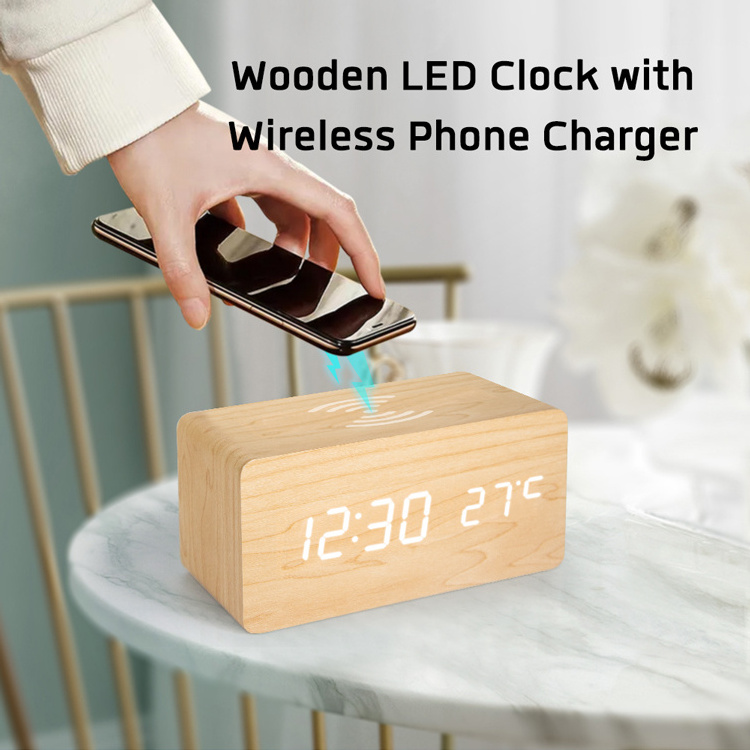 Evertop 2 in 1 Wireless  Wooden  Clock  Phone Charger LED Alarm Clock Wireless Charger ET534