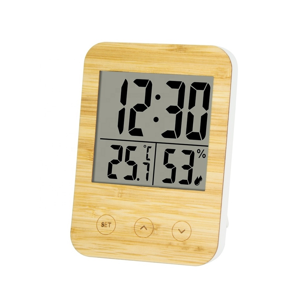 2024 Cheap Hot Sales Touch Key Bamboo Digital LCD Alarm Table Clock with Indoor Temperature and Humidity ET652F