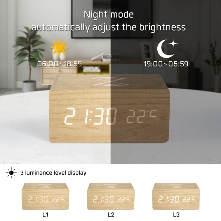 Evertop 2 in 1 Wireless  Wooden  Clock  Phone Charger LED Alarm Clock Wireless Charger ET534