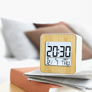 New Home Decorative Bamboo Finish Desk Table Clock Multifunctional Digital Alarm Clock LCD Clock