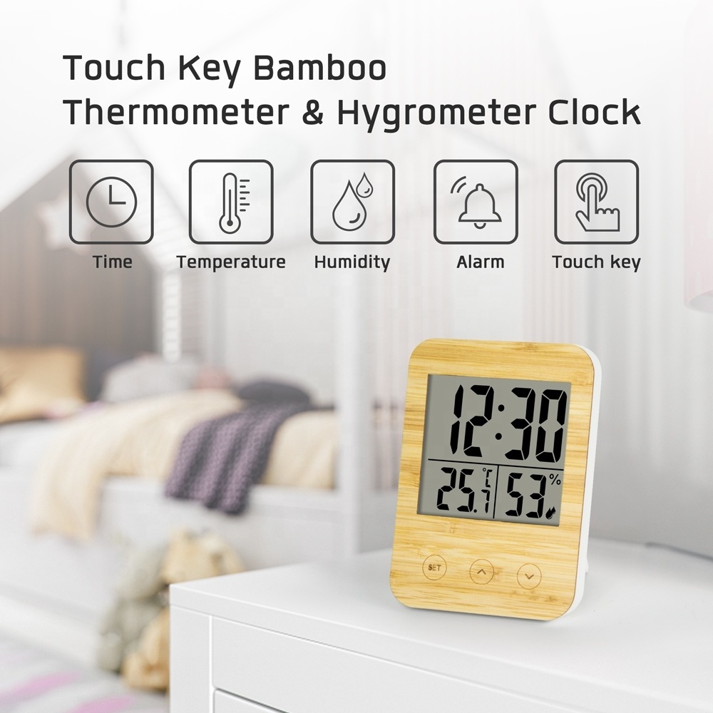 2024 Cheap Hot Sales Touch Key Bamboo Digital LCD Alarm Table Clock with Indoor Temperature and Humidity ET652F