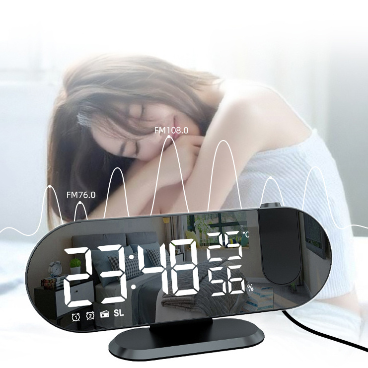 Large Mirror LED Display Radio Alarm Clock Projection Alarm Clock on Ceiling with USB Charger