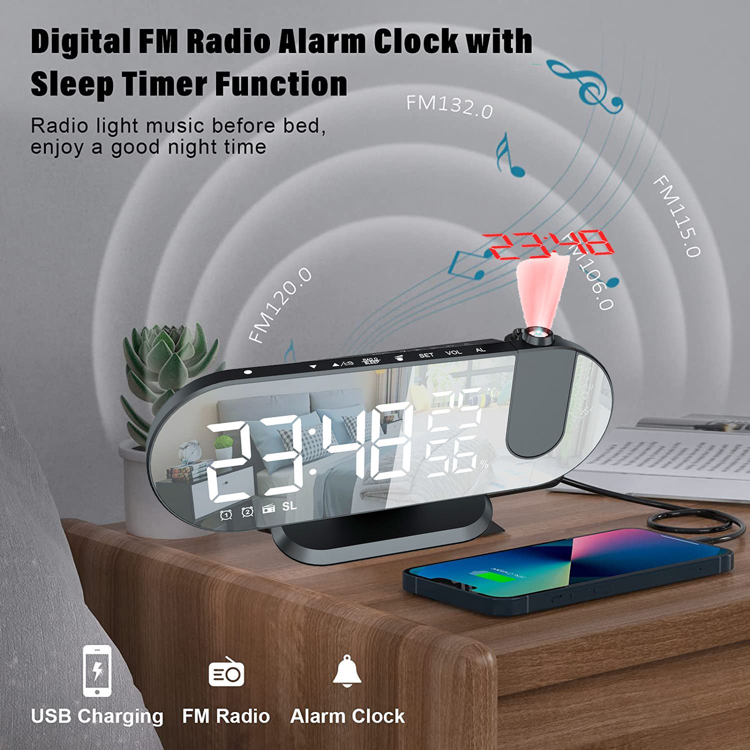 Large Mirror LED Display Radio Alarm Clock Projection Alarm Clock on Ceiling with USB Charger