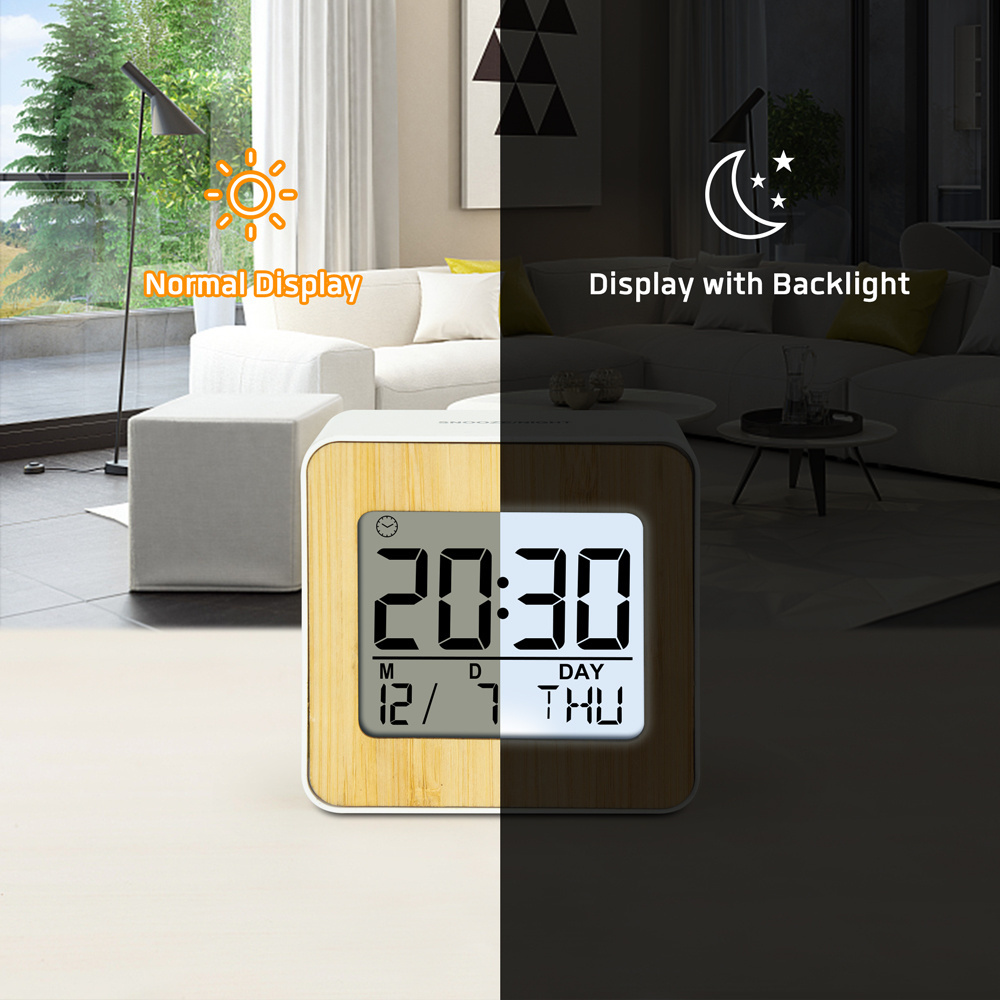 New Home Decorative Bamboo Finish Desk Table Clock Multifunctional Digital Alarm Clock LCD Clock