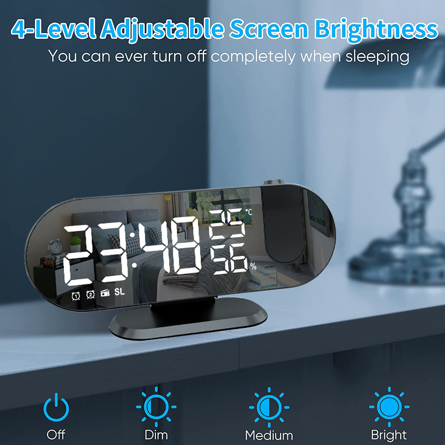 Large Mirror LED Display Radio Alarm Clock Projection Alarm Clock on Ceiling with USB Charger