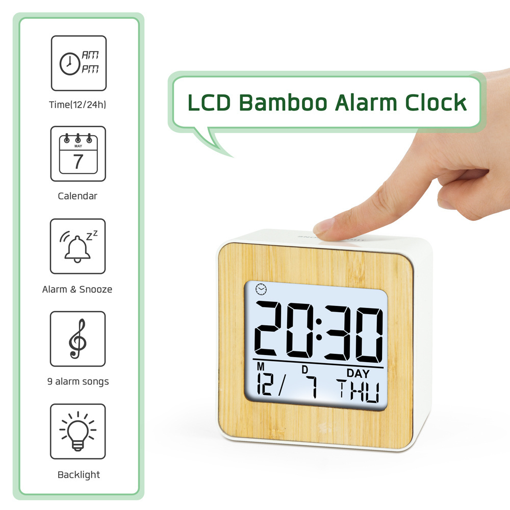 New Home Decorative Bamboo Finish Desk Table Clock Multifunctional Digital Alarm Clock LCD Clock