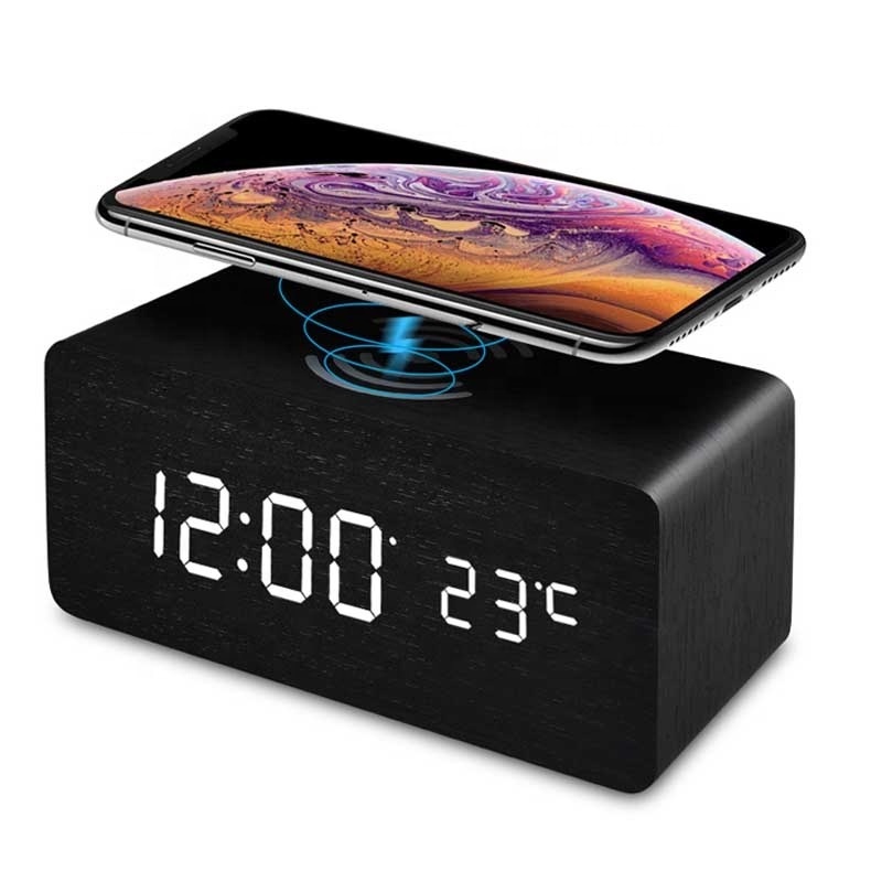 Evertop 2 in 1 Wireless  Wooden  Clock  Phone Charger LED Alarm Clock Wireless Charger ET534