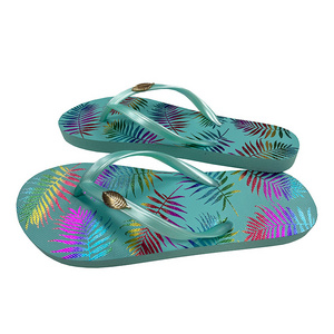 Factory Hot Sale Colorful Printing  Cheap Flip Flops Leaf Decoration Thong Flat Women Slippers