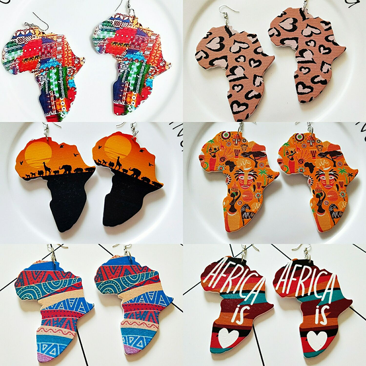 Ethnic Tribal Vintage Drop Jewelry Afro African Print Map Wooden Earrings for Women