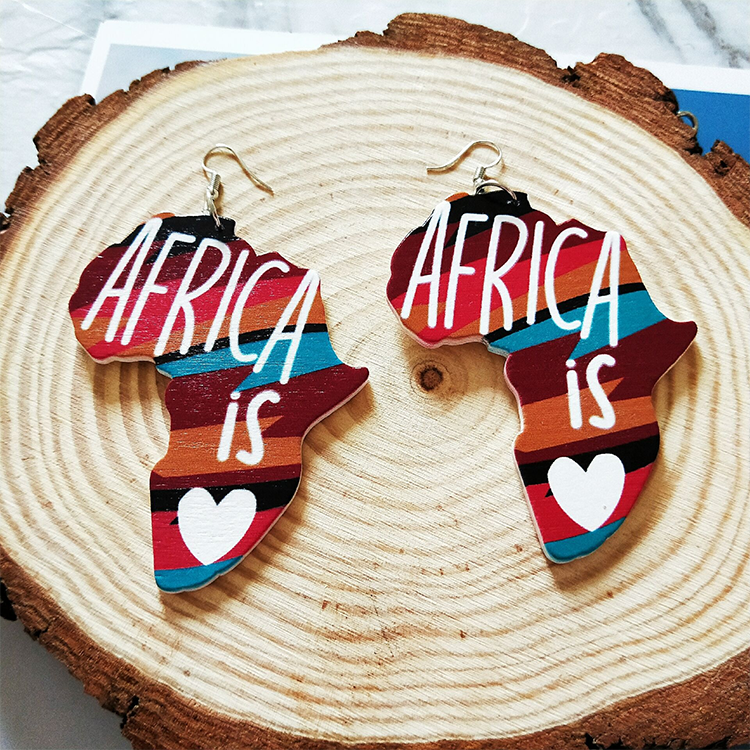 Ethnic Tribal Vintage Drop Jewelry Afro African Print Map Wooden Earrings for Women