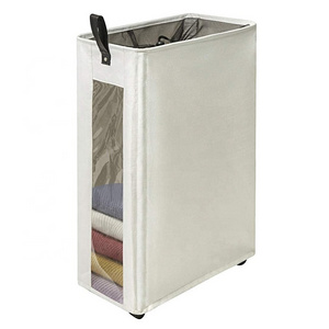 Slim Laundry Hamper Laundry Basket on Wheels Clear Window Visible Dirty Clothes Hamper Thin Clothes Storage Standable Corner Bin