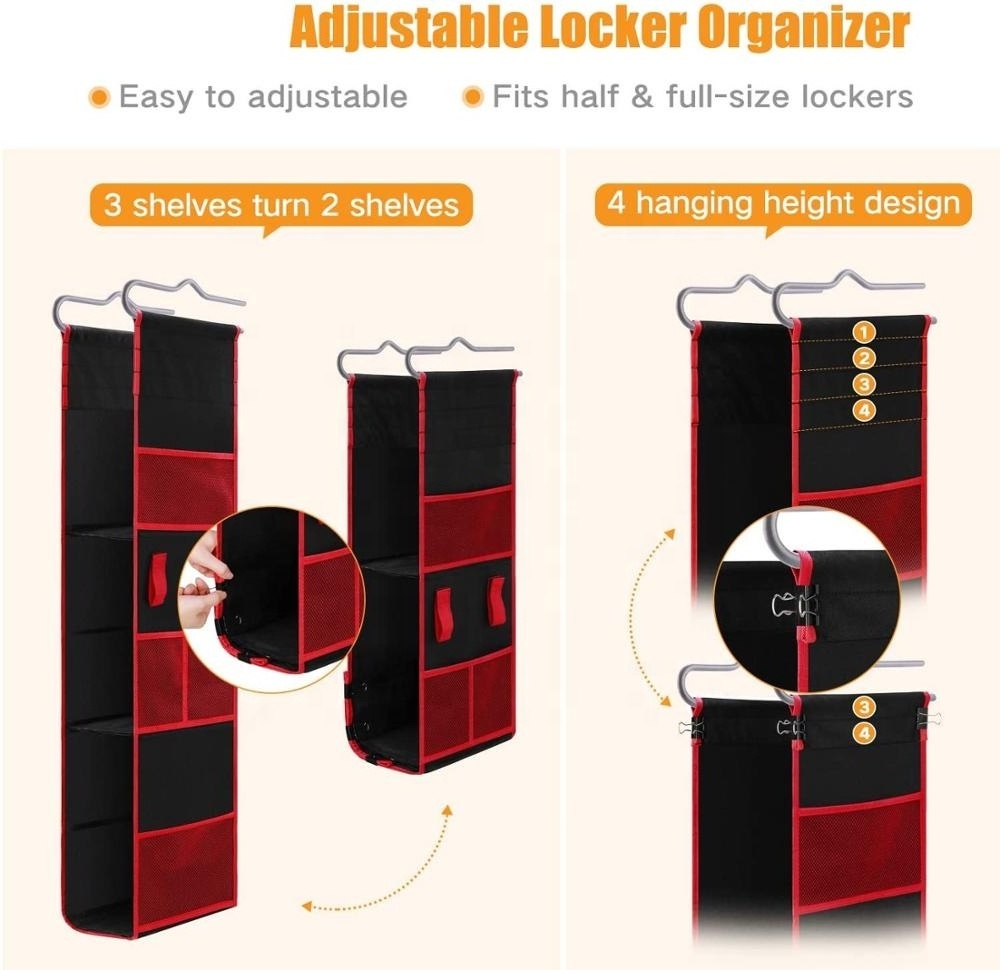 3 Shelf Adjustable Hanging Locker Organizer, Heavy Duty Locker Ladder for School, Work, Gym Storage Black with Red Trim