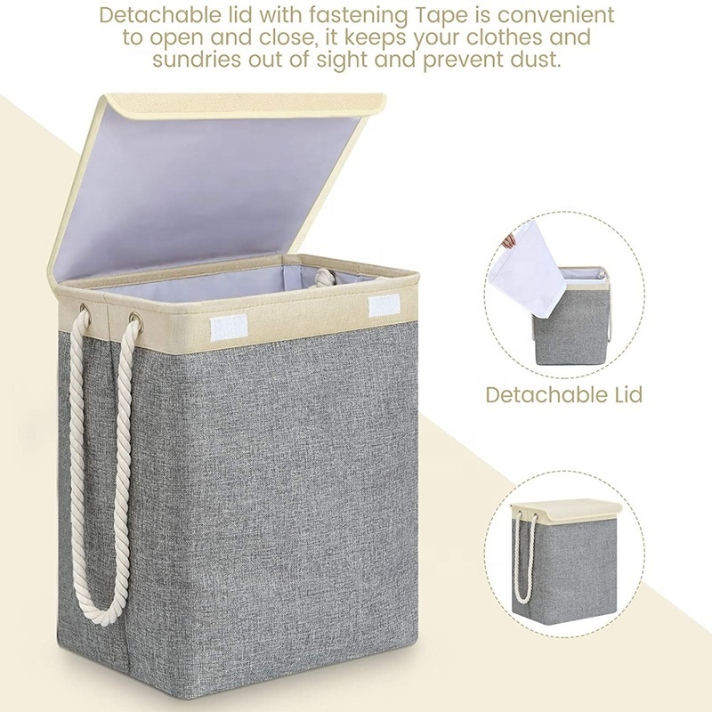 Large Linen Foldable Home Organizer Detachable Brackets Dirty Clothes Laundry Hamper with lid and Cotton Rope for Clothes