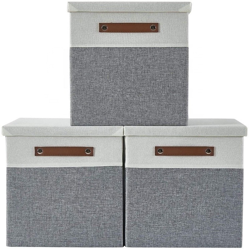 Sturdy Cotton Fabric Storage Box Collapsible Cube Organizer with Lid and Cover 13 x 13 x 13