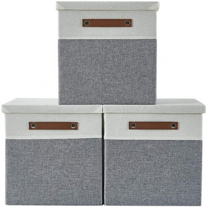 Sturdy Cotton Fabric Storage Box Collapsible Cube Organizer with Lid and Cover 13 x 13 x 13"- 3 Pack Storage Basket