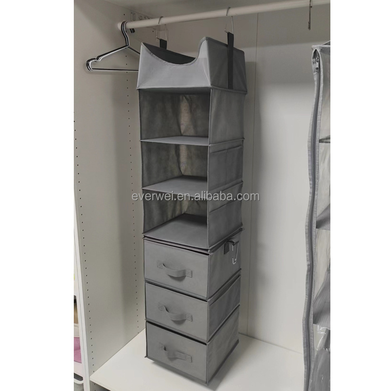 Wholesale 7-Shelf Hanging Closet Organizer Foldable Hanging Shelves with 3 Drawers for Wardrobe Baby Nursery Closet Organization