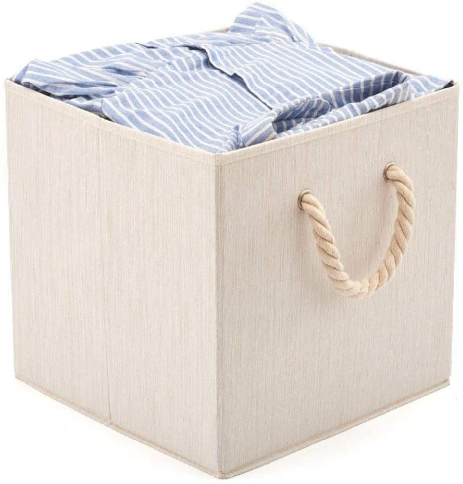 Fabric Storage Bins for Cube Organizer with Cotton Rope Handles, Collapsible Basket Box Foldable Bamboo for Home 10.5x10.5x11''