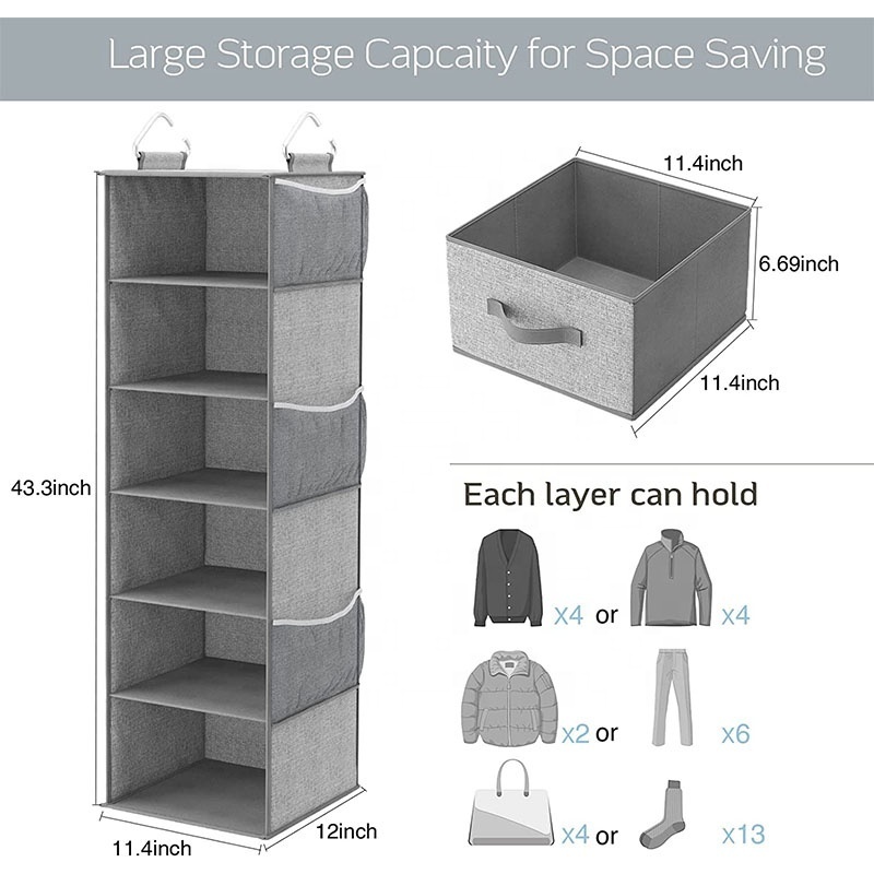 6-Shelf Hanging Closet Organizer, Hanging Shelves for Closet with 3 Divisible Drawers