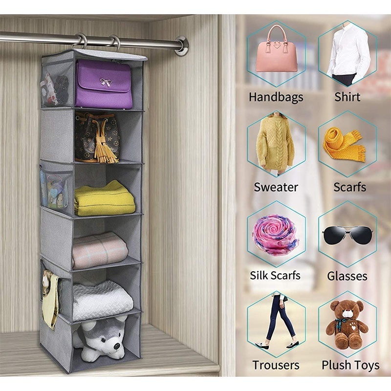 6 Shelves Hanging Closet Organizer Space Saver, Breathable Hanging Shelves with 6 Side Pockets and 2 Sturdy Hooks