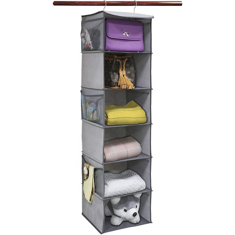 6 Shelves Hanging Closet Organizer Space Saver, Breathable Hanging Shelves with 6 Side Pockets and 2 Sturdy Hooks