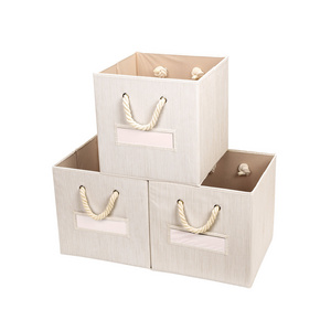 Pack of 3  Foldable Bamboo Fabric Storage Bins for Cube Organizer with Cotton Rope Handles, Collapsible Basket Box, Beige