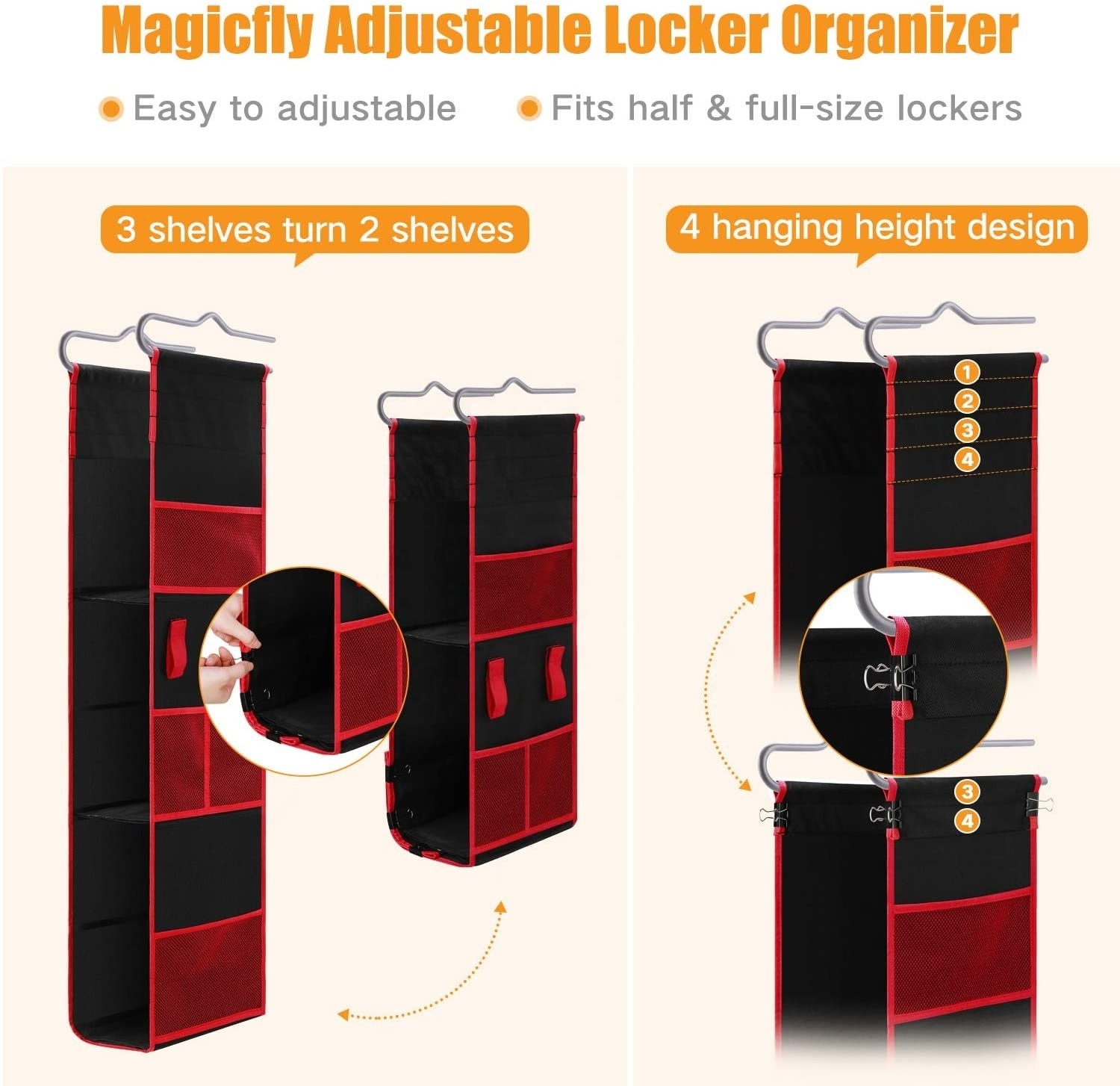 Adjustable Hanging Locker Organizer, Heavy Duty Locker Ladder for School, Work, Gym Storage Black with Red Trim Folding Rack