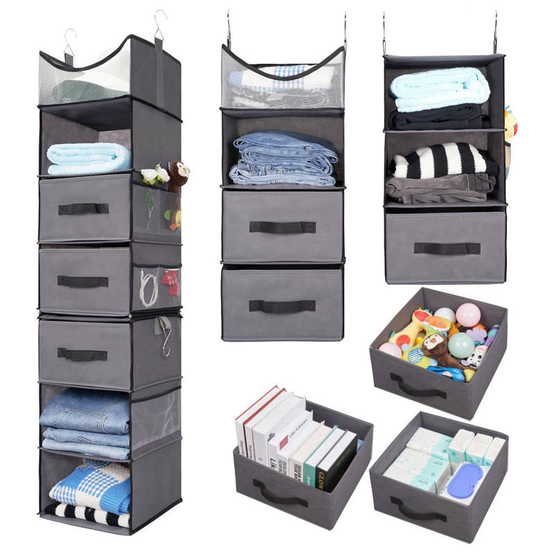 Wholesale 7-Shelf Hanging Closet Organizer Foldable Hanging Shelves with 3 Drawers for Wardrobe Baby Nursery Closet Organization