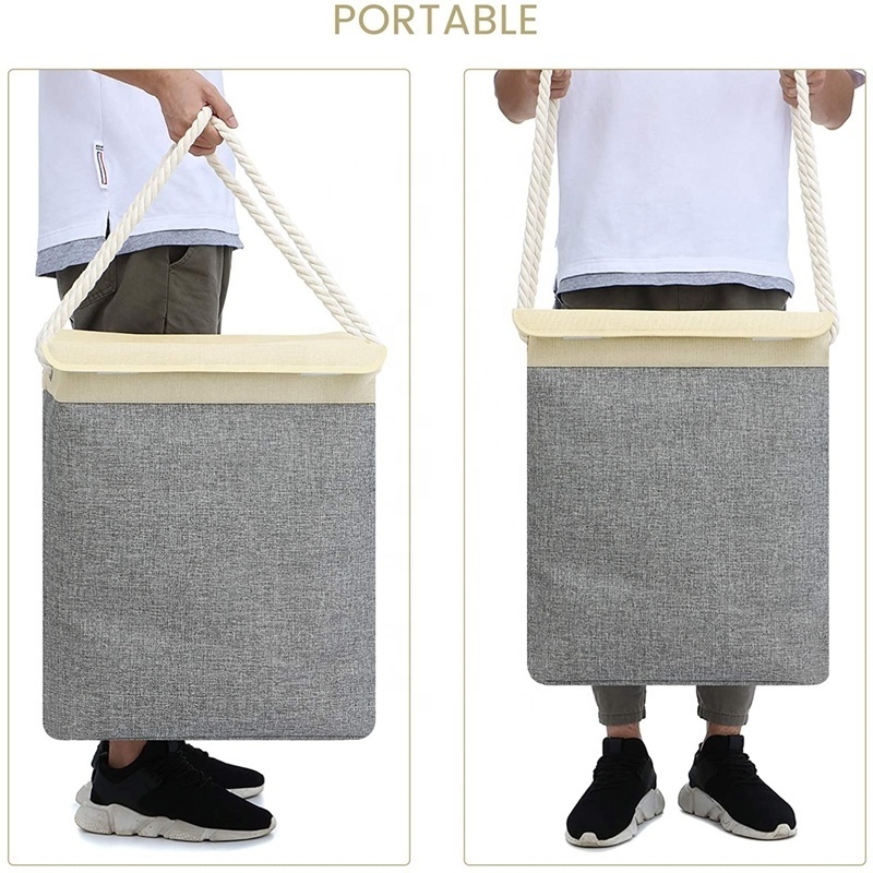 Large Linen Foldable Home Organizer Detachable Brackets Dirty Clothes Laundry Hamper with lid and Cotton Rope for Clothes